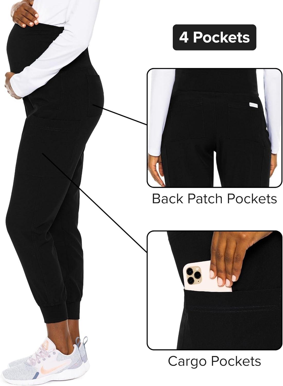 imageMed Couture Maternity Jogger Scrub Pants for Women High Rise Waist 4 Pockets with Soft Knit Waistband MC029Black