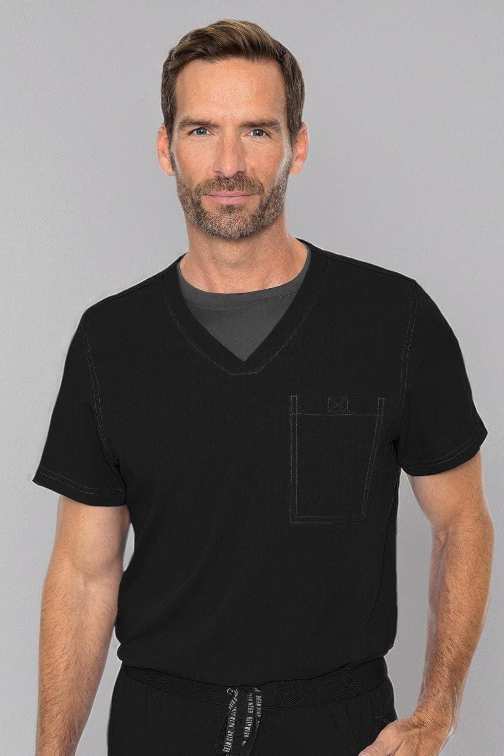 imageMed Couture Mens Scrub Top Cadence 2Way Stretch Technology with Ultra Soft Fabric amp One Chest Pocket MC7478Black