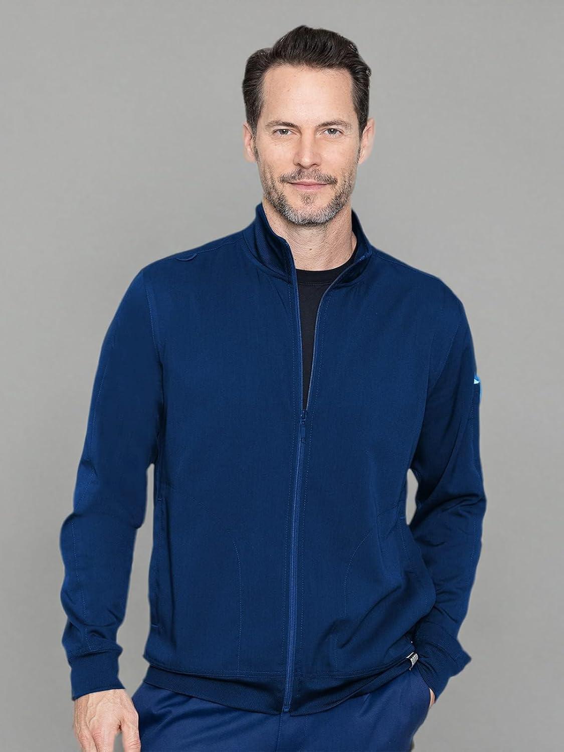 imageMed Couture Mens WarmUp Jacket with 3 Pockets Zip Front Closure and 2Way Stretch Fabric MC7678Navy