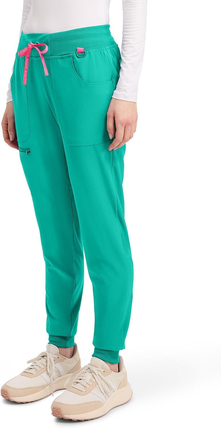 imageMed Couture Scrub Pants for Women Mid Rise Scrub Jogger with 5 Pockets RibKnit Cuffs with Drawstring Waistband MC102Teal Tonic