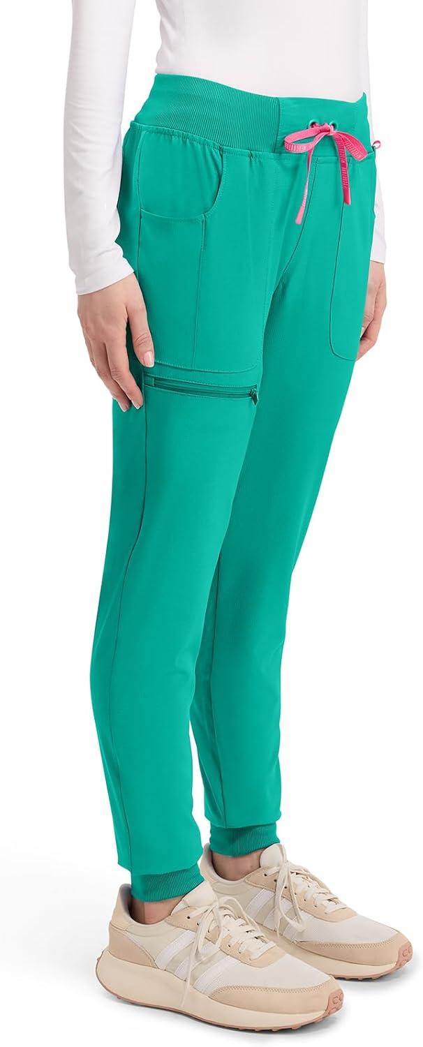 imageMed Couture Scrub Pants for Women Mid Rise Scrub Jogger with 5 Pockets RibKnit Cuffs with Drawstring Waistband MC102Teal Tonic