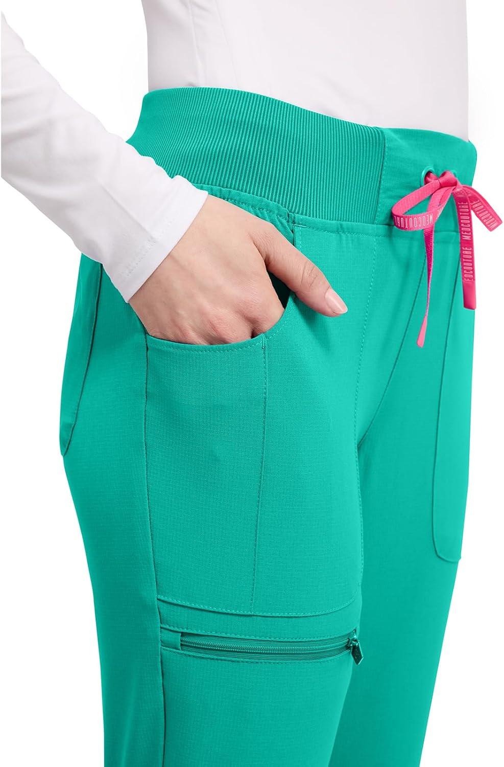 imageMed Couture Scrub Pants for Women Mid Rise Scrub Jogger with 5 Pockets RibKnit Cuffs with Drawstring Waistband MC102Teal Tonic