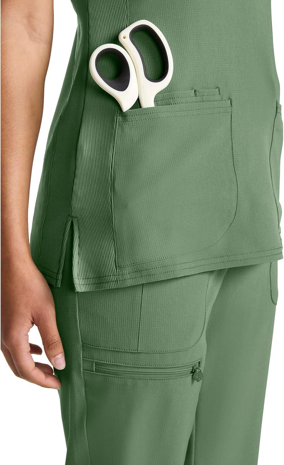 imageMed Couture Scrub Top Women Missy Fit VNeck Scrub Top with 3 Pockets Moisture Wicking Technology MC702Beyond Green