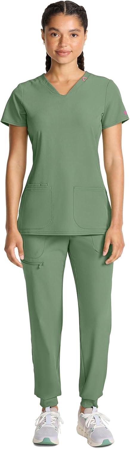 imageMed Couture Scrub Top Women Missy Fit VNeck Scrub Top with 3 Pockets Moisture Wicking Technology MC702Beyond Green