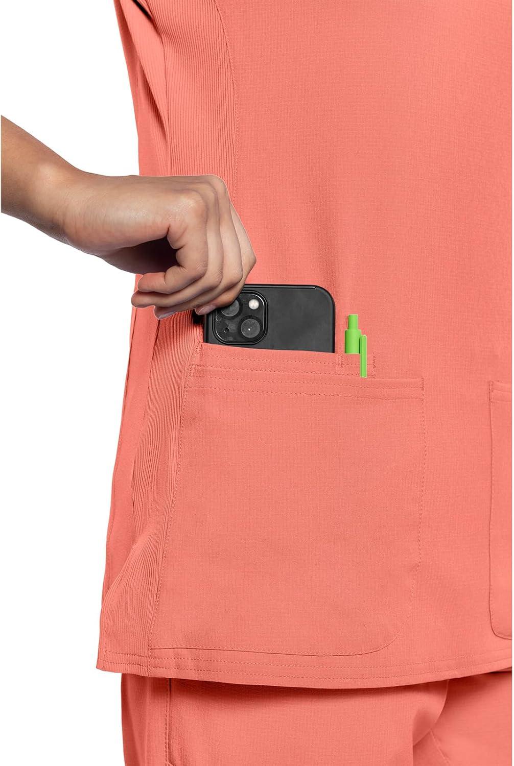 imageMed Couture Scrub Top Women Missy Fit VNeck Scrub Top with 3 Pockets Moisture Wicking Technology MC702Coral Fusion