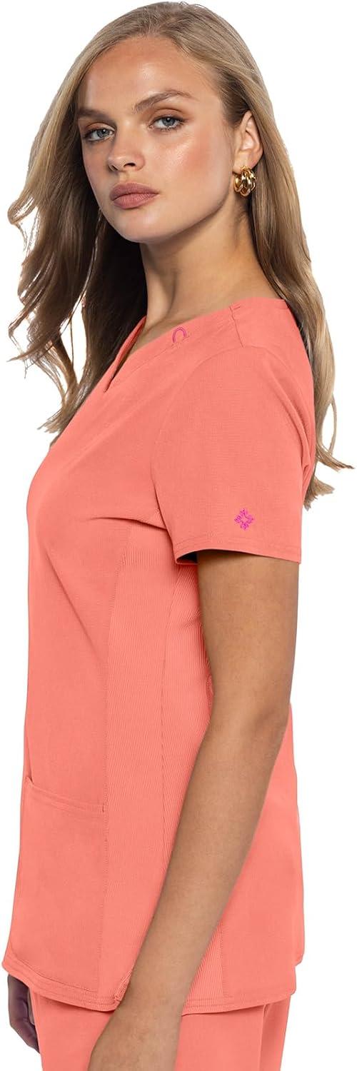 imageMed Couture Scrub Top Women Missy Fit VNeck Scrub Top with 3 Pockets Moisture Wicking Technology MC702Coral Fusion