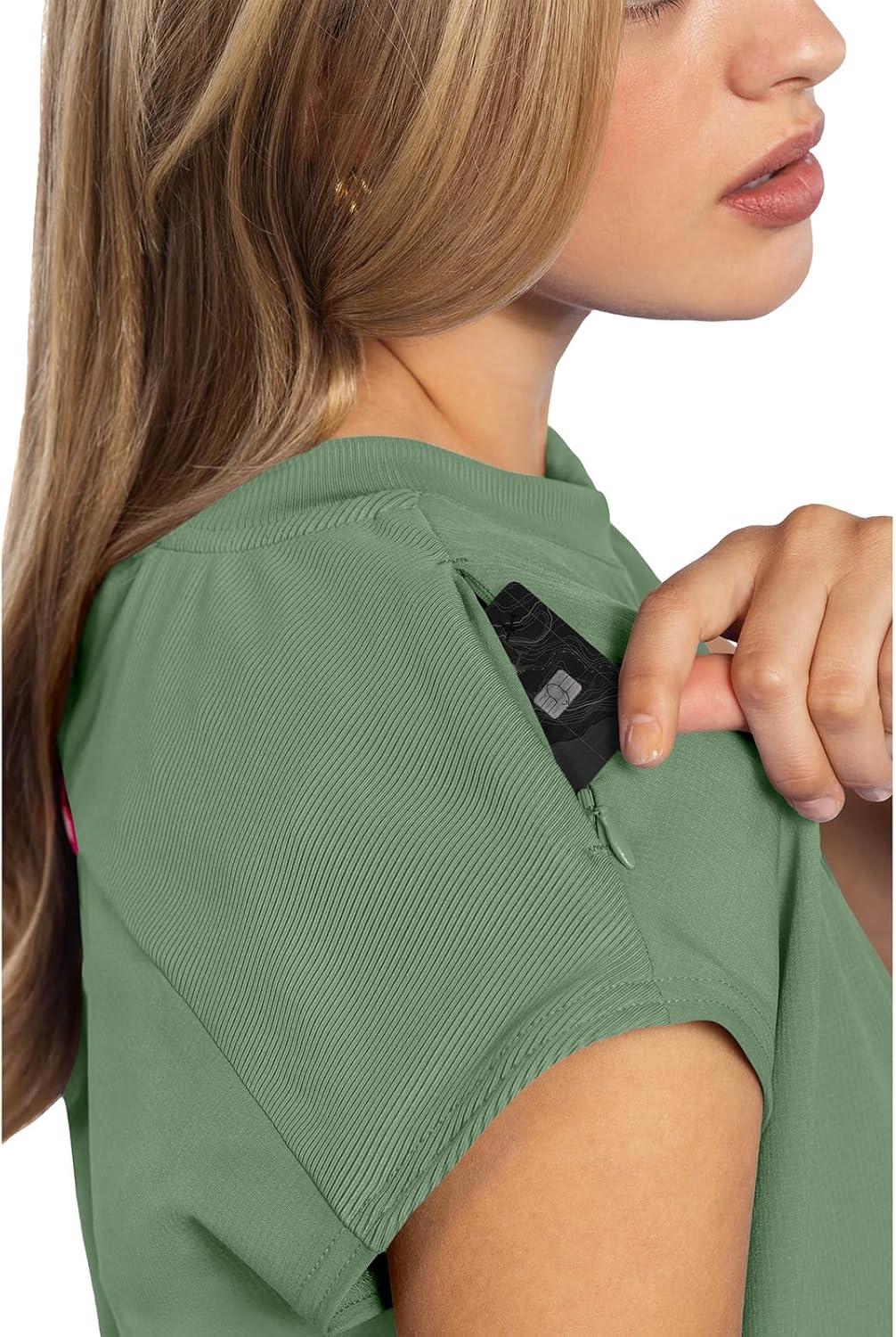 imageMed Couture Scrub Top Women Round Neck Tuckable with 2 Zipper Pockets with Rounded Hem MC703Beyond Green