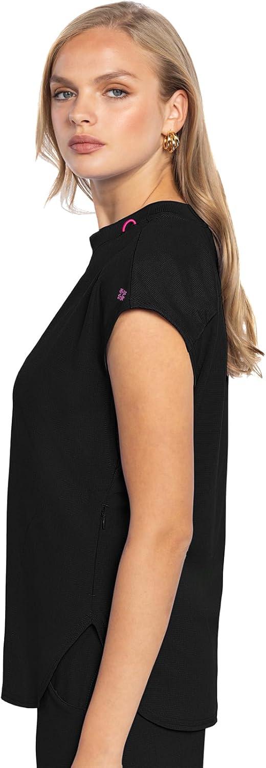 imageMed Couture Scrub Top Women Round Neck Tuckable with 2 Zipper Pockets with Rounded Hem MC703Black