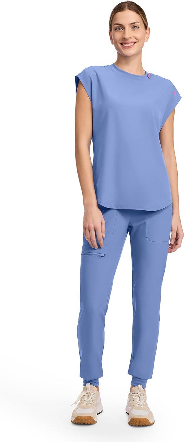 imageMed Couture Scrub Top Women Round Neck Tuckable with 2 Zipper Pockets with Rounded Hem MC703Ciel
