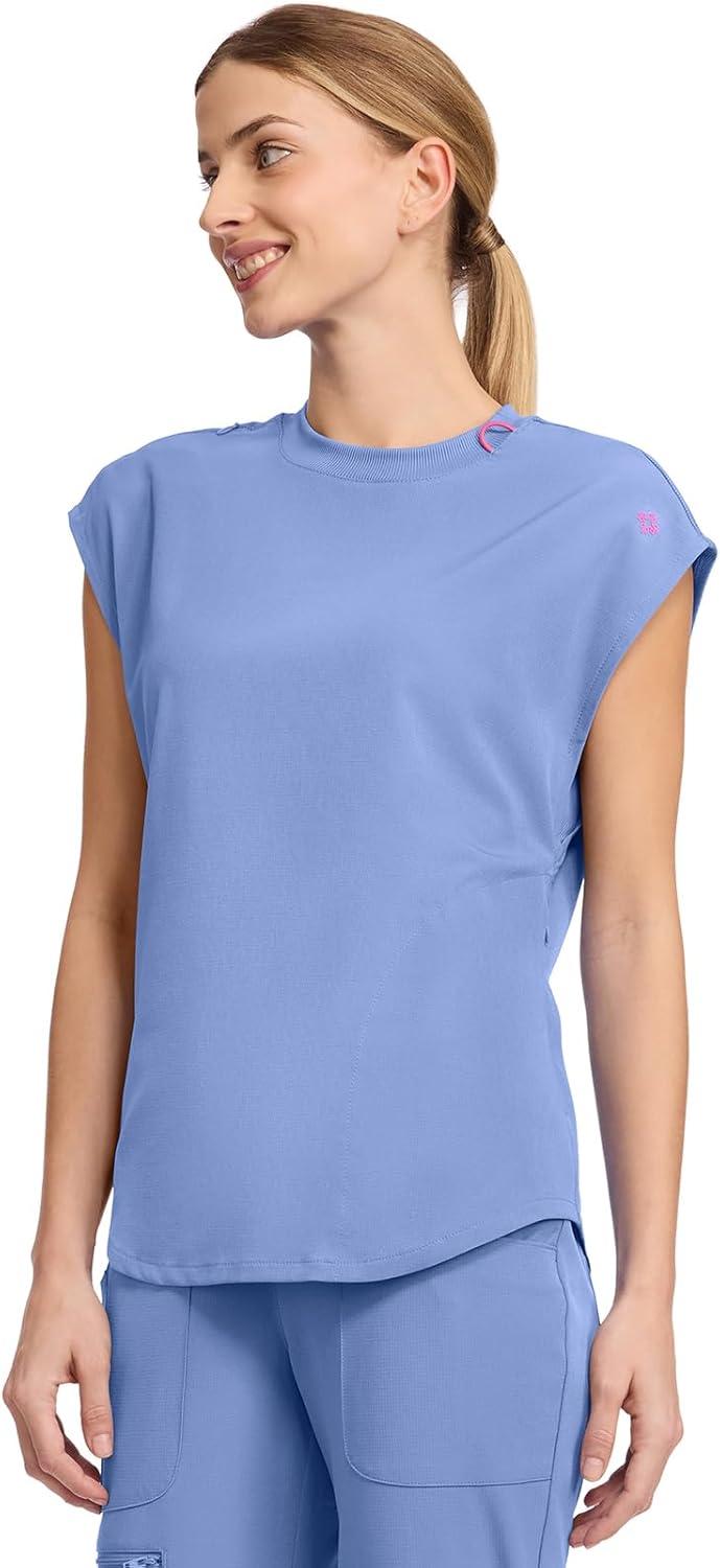 imageMed Couture Scrub Top Women Round Neck Tuckable with 2 Zipper Pockets with Rounded Hem MC703Ciel