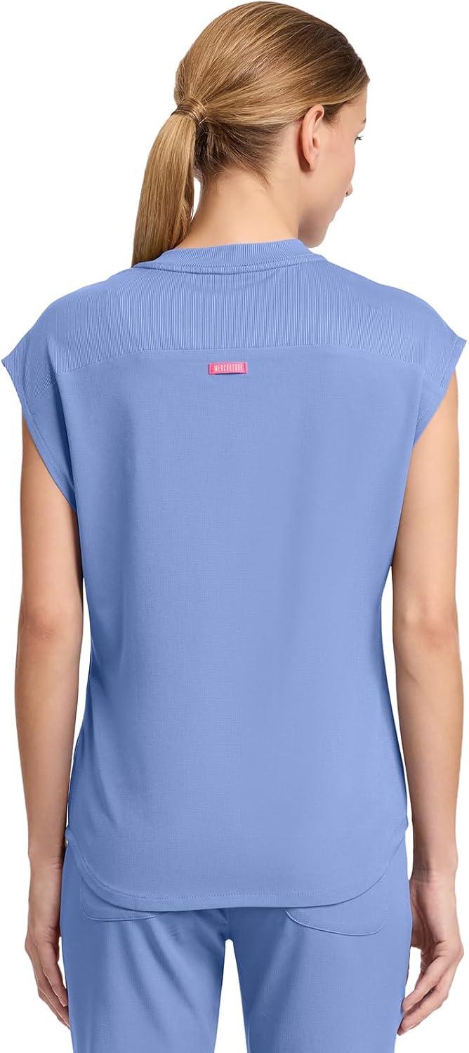 imageMed Couture Scrub Top Women Round Neck Tuckable with 2 Zipper Pockets with Rounded Hem MC703Ciel