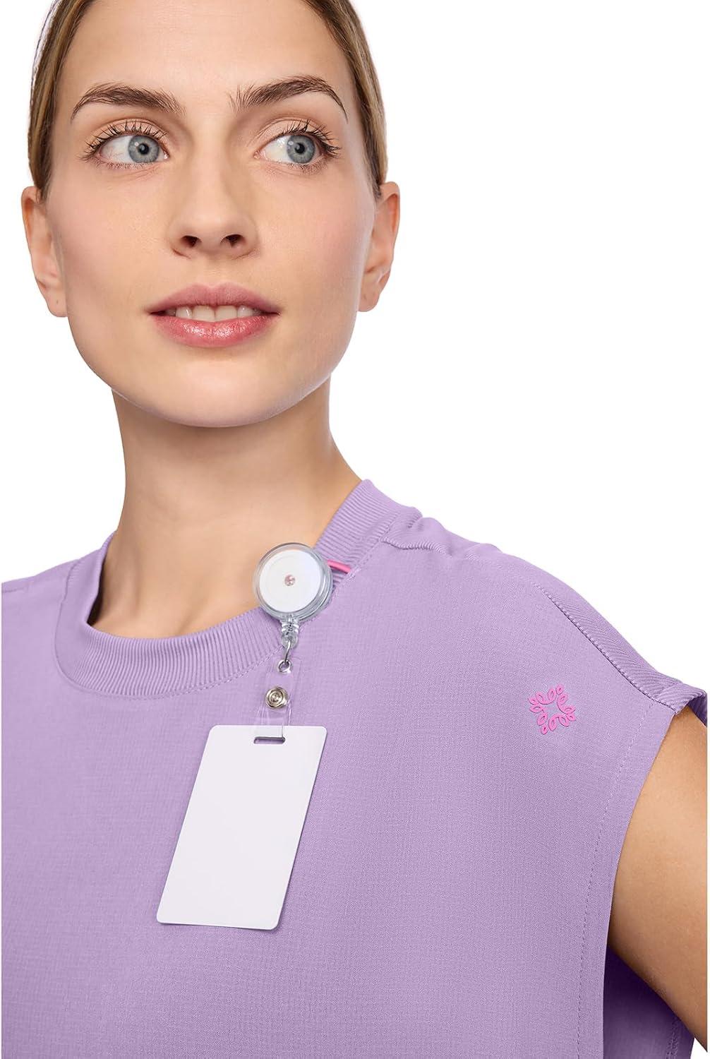 imageMed Couture Scrub Top Women Round Neck Tuckable with 2 Zipper Pockets with Rounded Hem MC703Digital Lavender