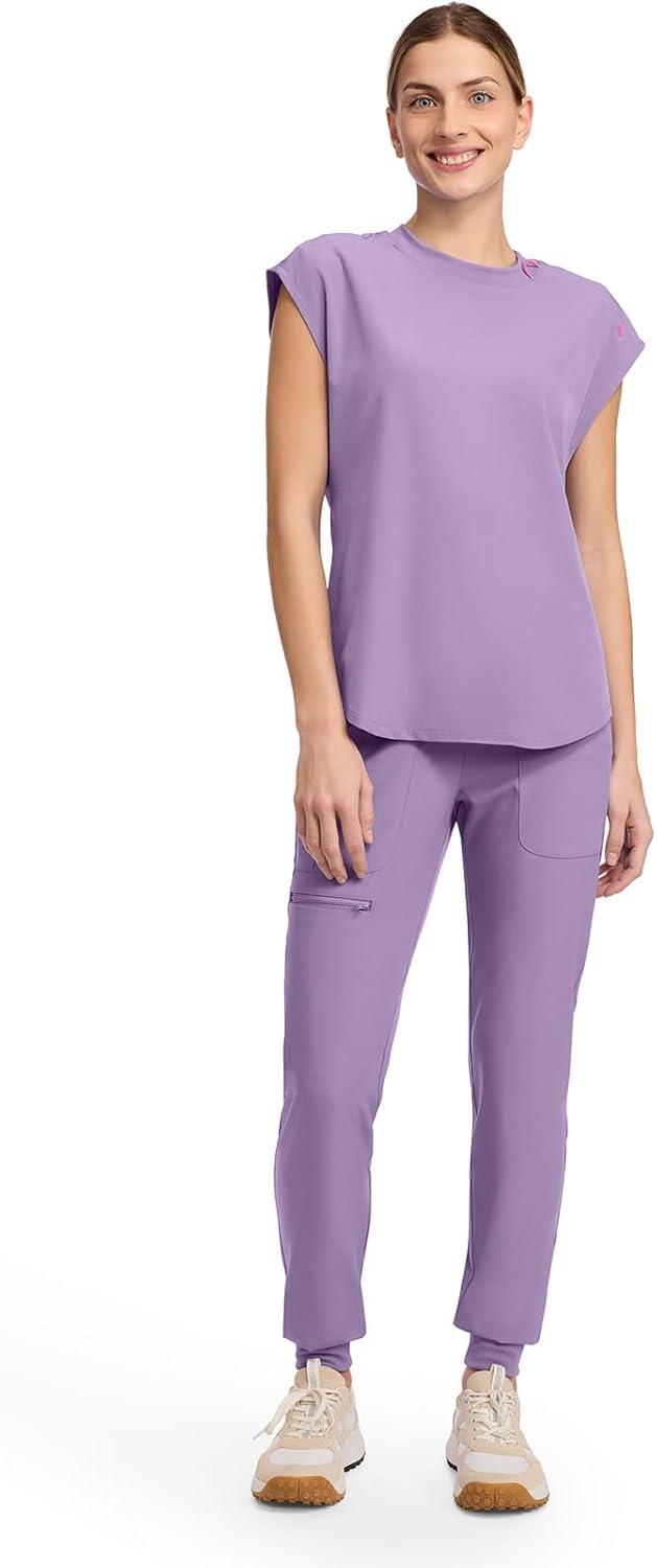 imageMed Couture Scrub Top Women Round Neck Tuckable with 2 Zipper Pockets with Rounded Hem MC703Digital Lavender
