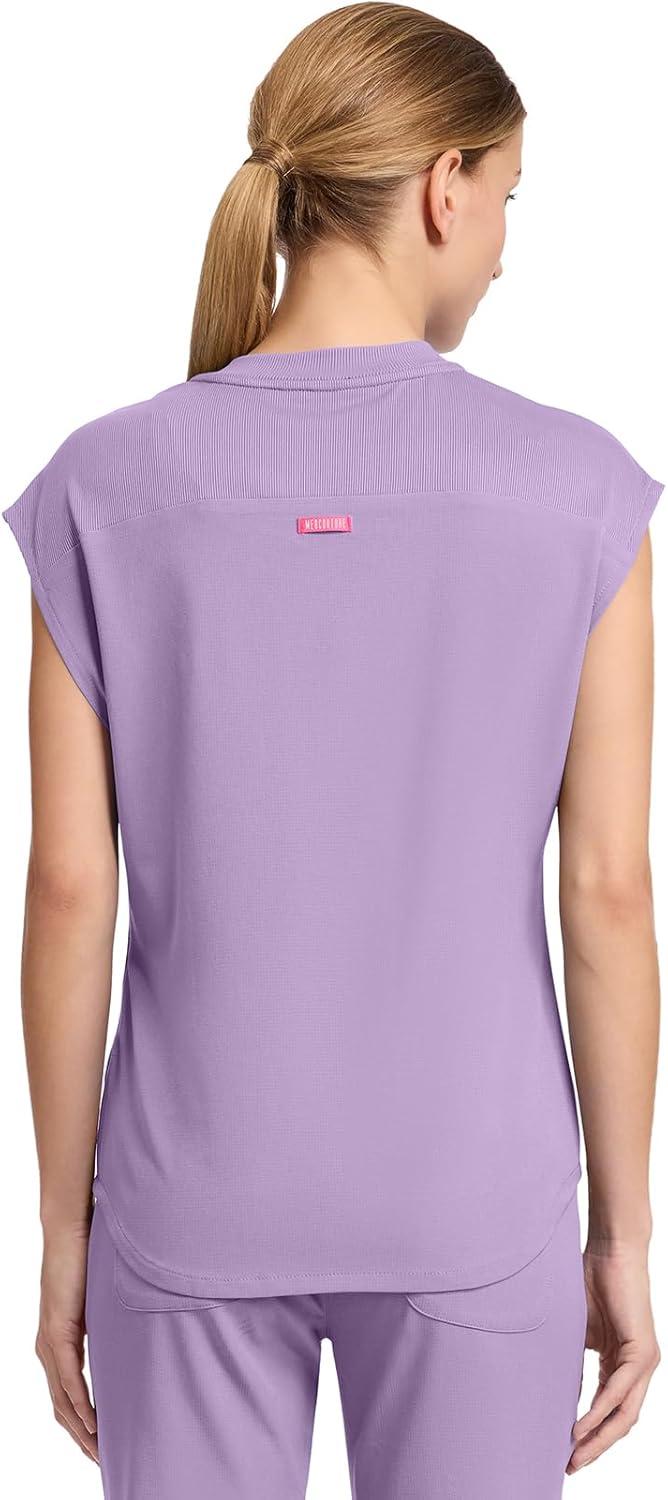 imageMed Couture Scrub Top Women Round Neck Tuckable with 2 Zipper Pockets with Rounded Hem MC703Digital Lavender