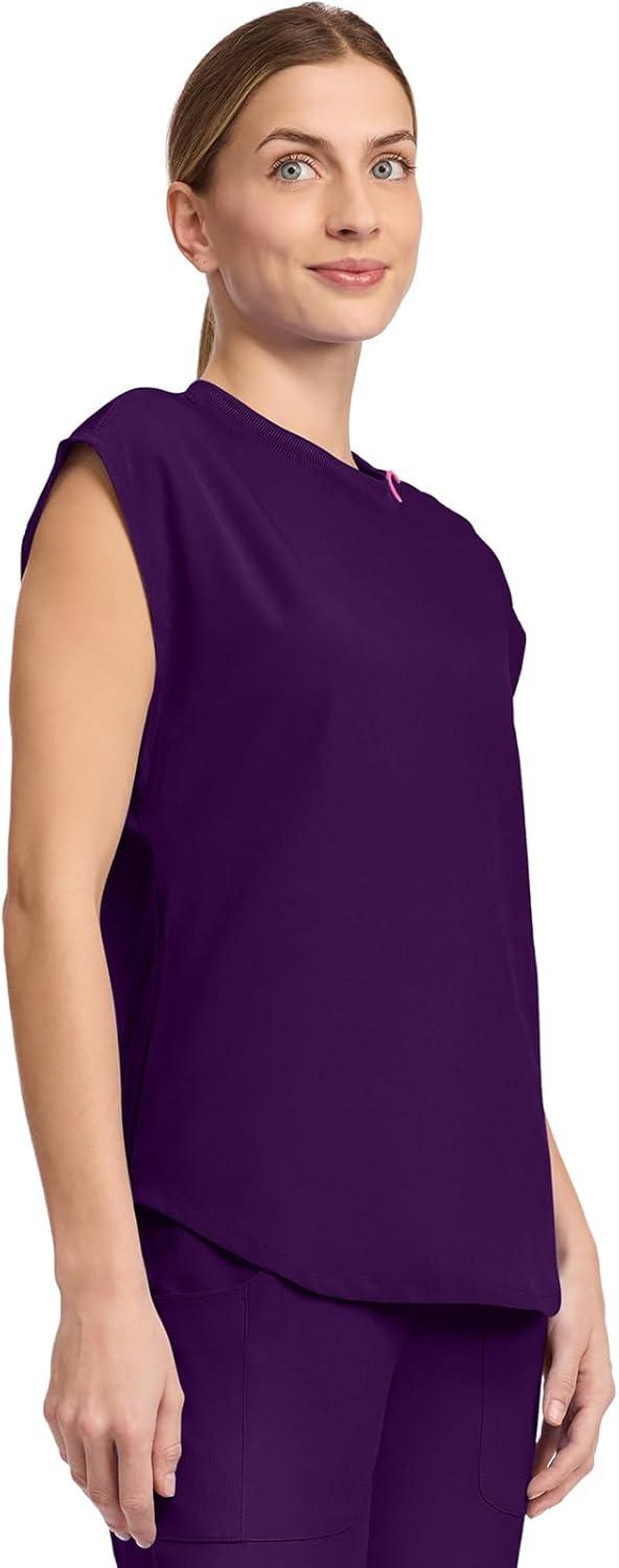 imageMed Couture Scrub Top Women Round Neck Tuckable with 2 Zipper Pockets with Rounded Hem MC703Eggplant