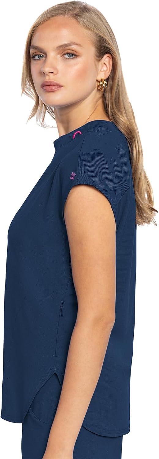 imageMed Couture Scrub Top Women Round Neck Tuckable with 2 Zipper Pockets with Rounded Hem MC703Navy