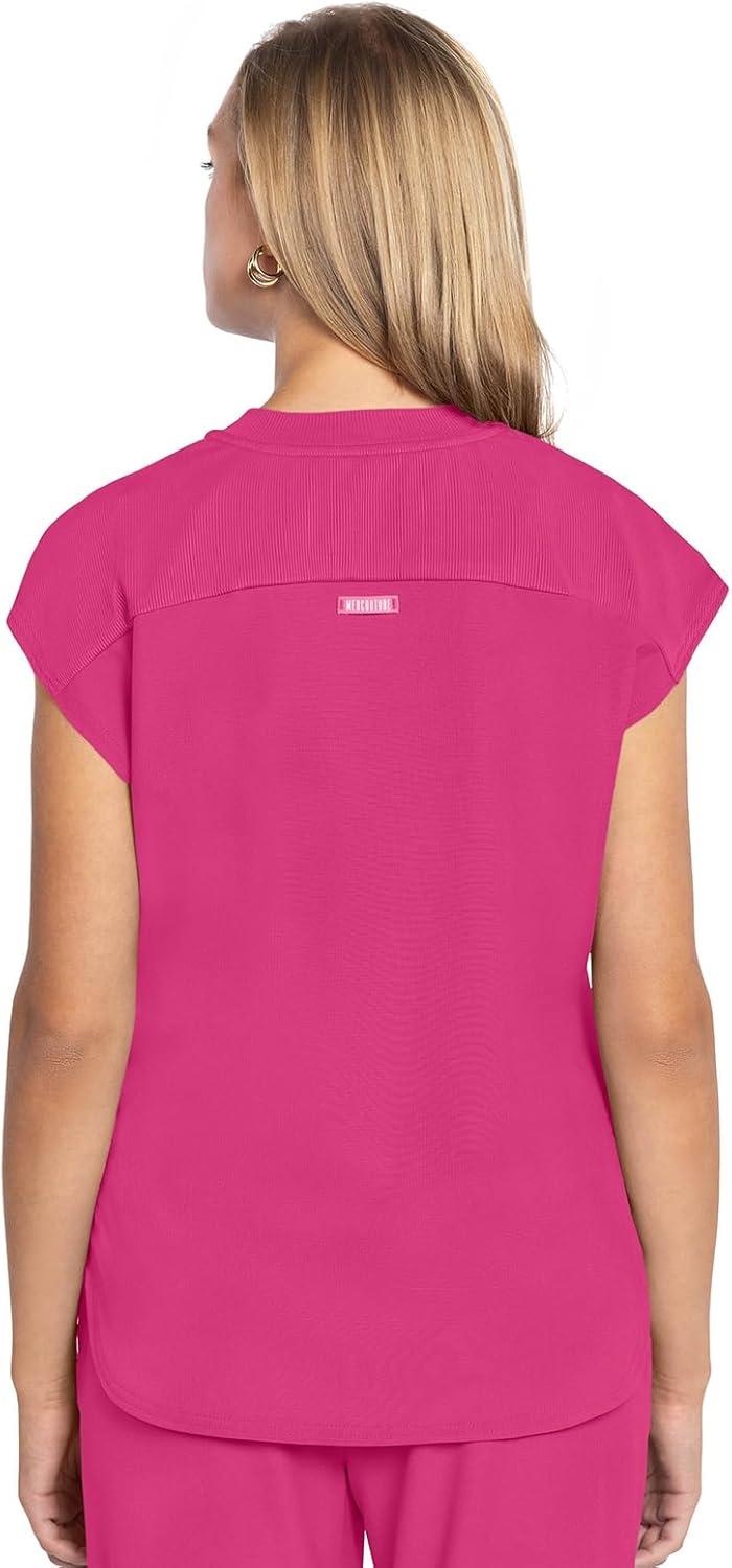 imageMed Couture Scrub Top Women Round Neck Tuckable with 2 Zipper Pockets with Rounded Hem MC703Pink Power