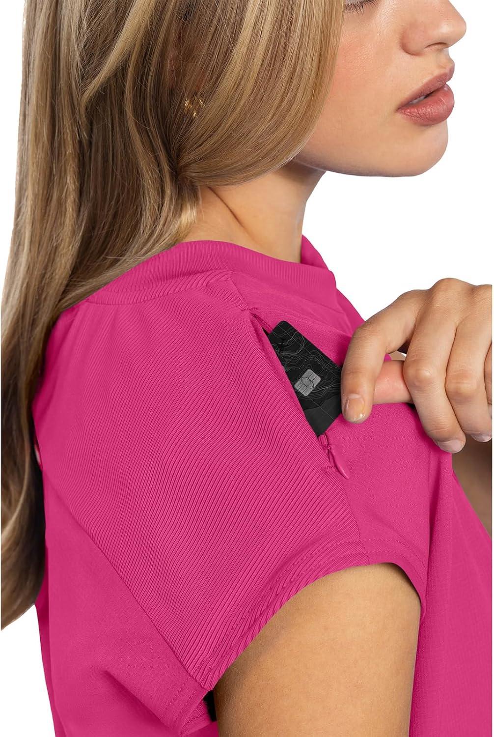 imageMed Couture Scrub Top Women Round Neck Tuckable with 2 Zipper Pockets with Rounded Hem MC703Pink Power