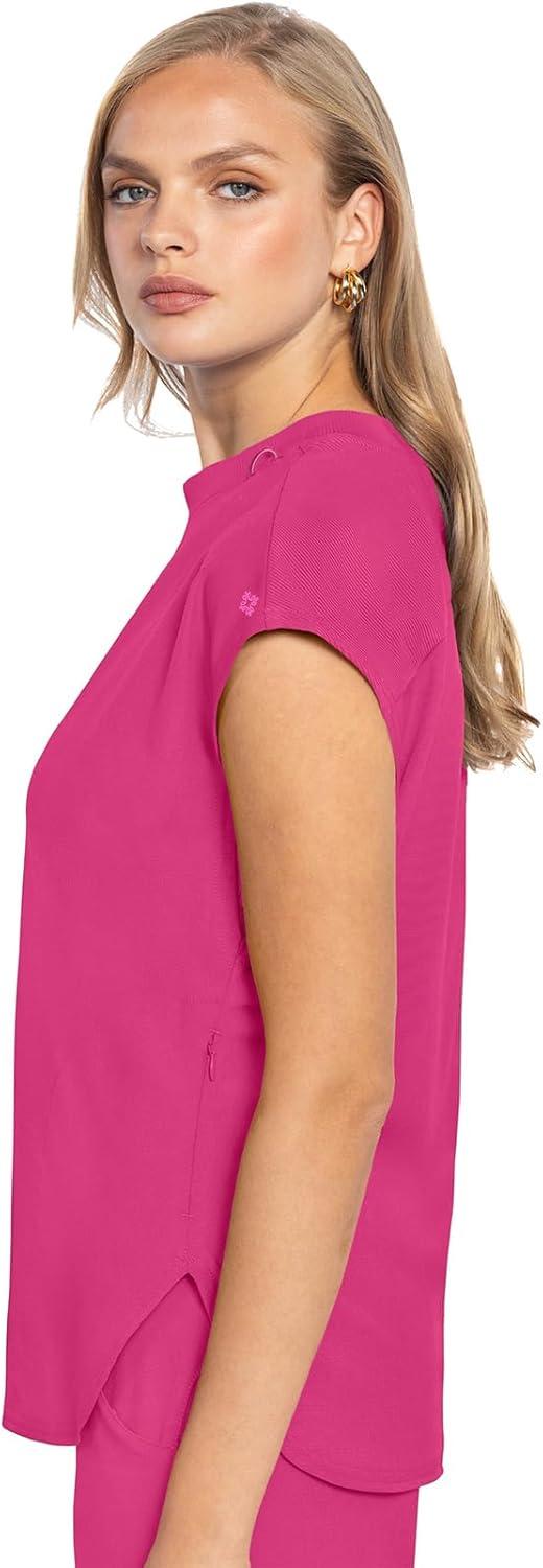 imageMed Couture Scrub Top Women Round Neck Tuckable with 2 Zipper Pockets with Rounded Hem MC703Pink Power