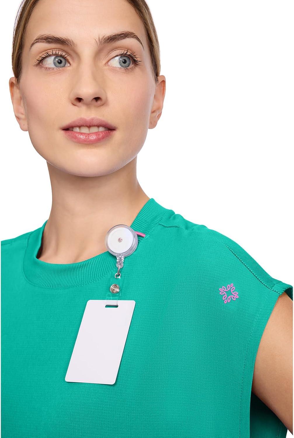 imageMed Couture Scrub Top Women Round Neck Tuckable with 2 Zipper Pockets with Rounded Hem MC703Teal Tonic