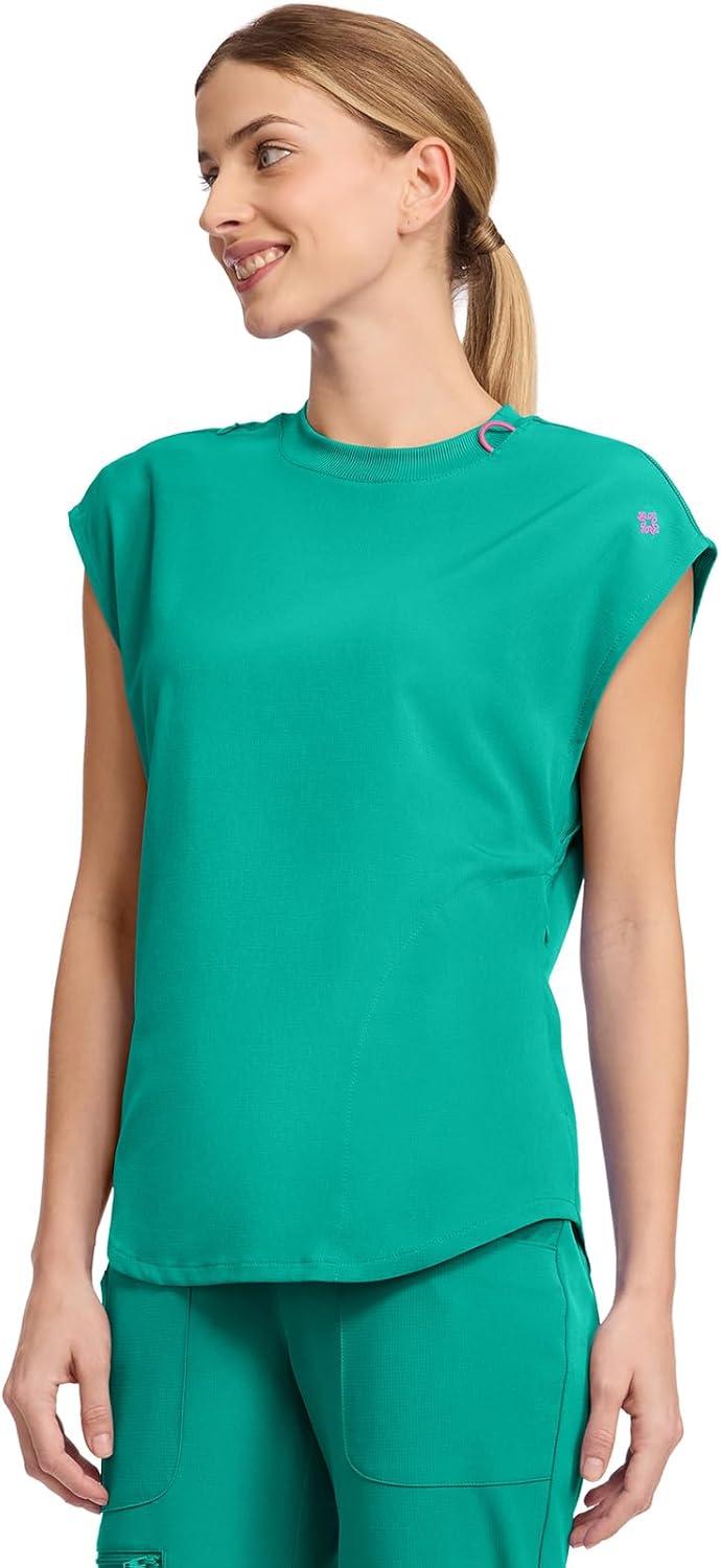 imageMed Couture Scrub Top Women Round Neck Tuckable with 2 Zipper Pockets with Rounded Hem MC703Teal Tonic