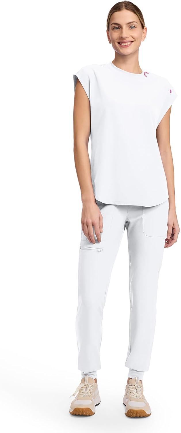 imageMed Couture Scrub Top Women Round Neck Tuckable with 2 Zipper Pockets with Rounded Hem MC703White