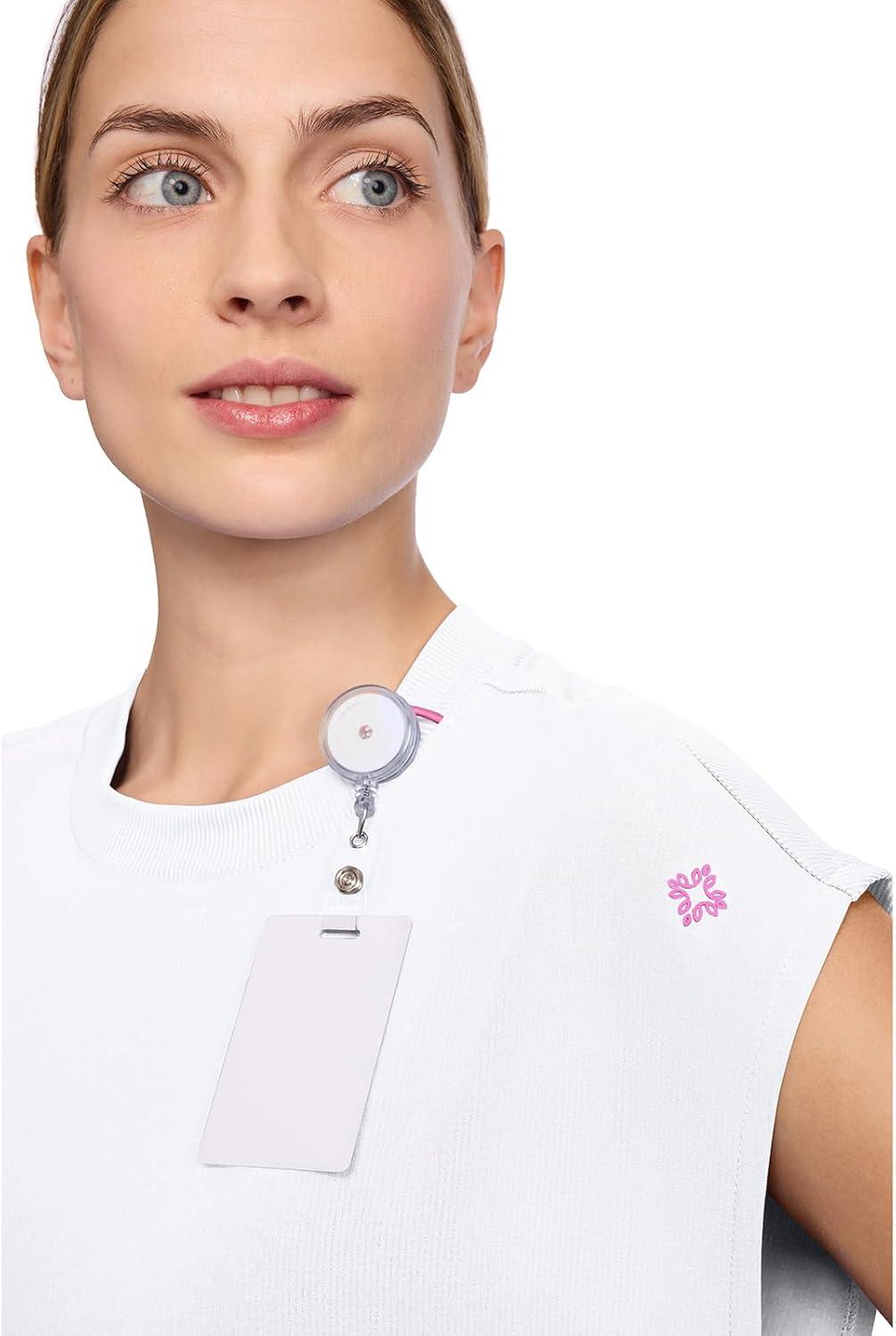 imageMed Couture Scrub Top Women Round Neck Tuckable with 2 Zipper Pockets with Rounded Hem MC703White