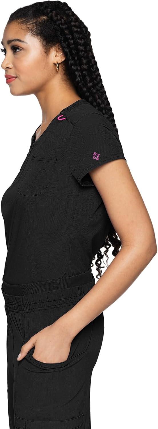 imageMed Couture Scrubs top for Women Medical Quarter Zip VNeck Scrub Top Tuckable with Chest Pocket and Rounded Hem MC705Black
