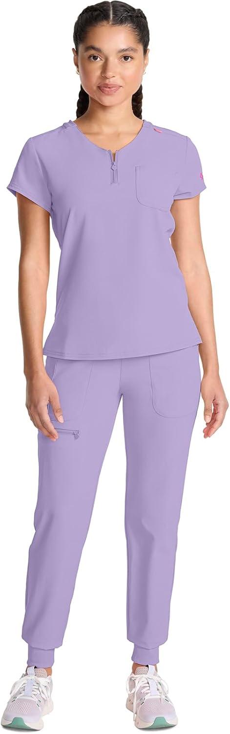 imageMed Couture Scrubs top for Women Medical Quarter Zip VNeck Scrub Top Tuckable with Chest Pocket and Rounded Hem MC705Digital Lavender