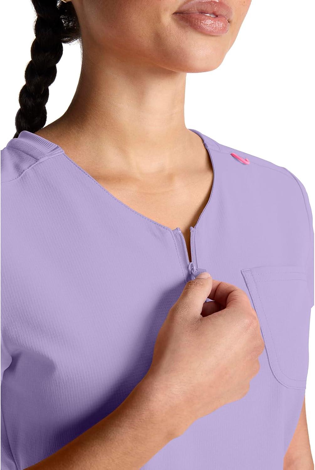 imageMed Couture Scrubs top for Women Medical Quarter Zip VNeck Scrub Top Tuckable with Chest Pocket and Rounded Hem MC705Digital Lavender