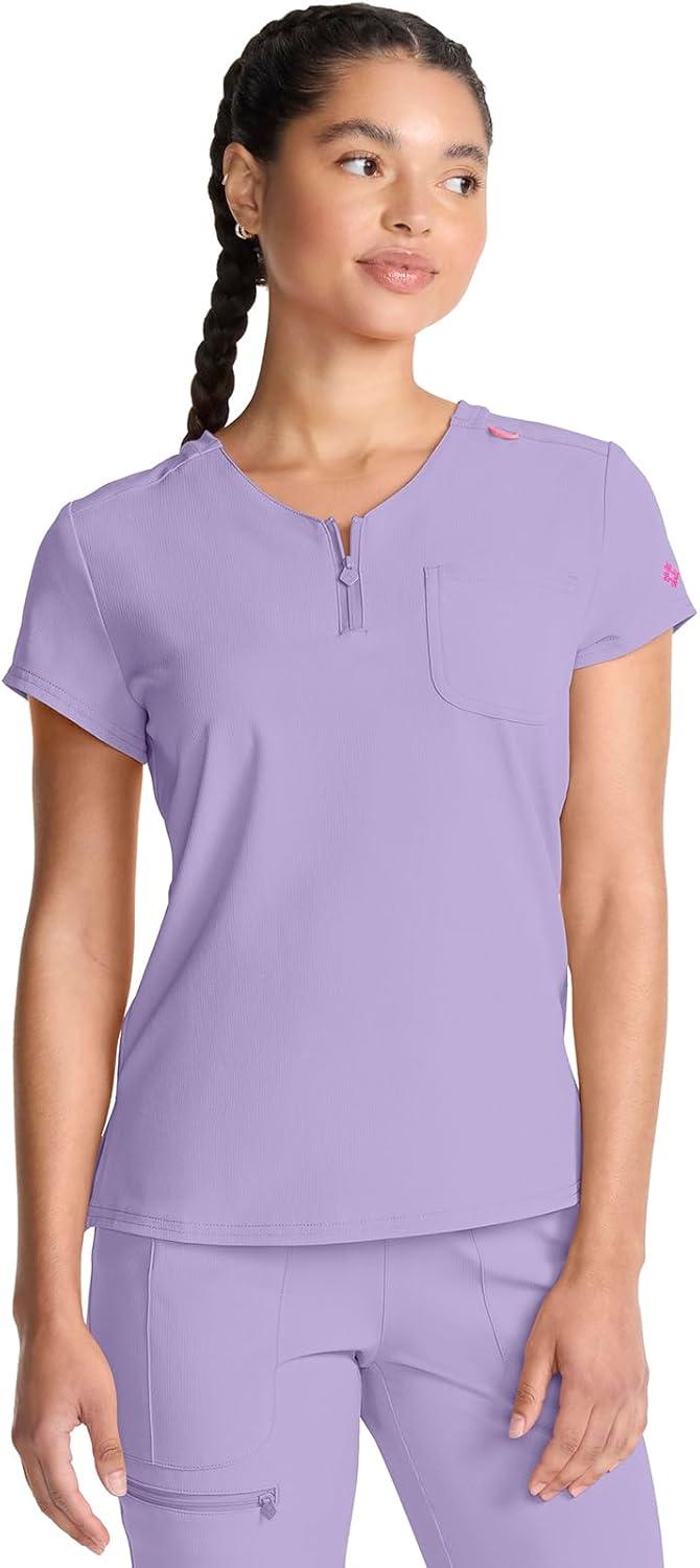 imageMed Couture Scrubs top for Women Medical Quarter Zip VNeck Scrub Top Tuckable with Chest Pocket and Rounded Hem MC705Digital Lavender