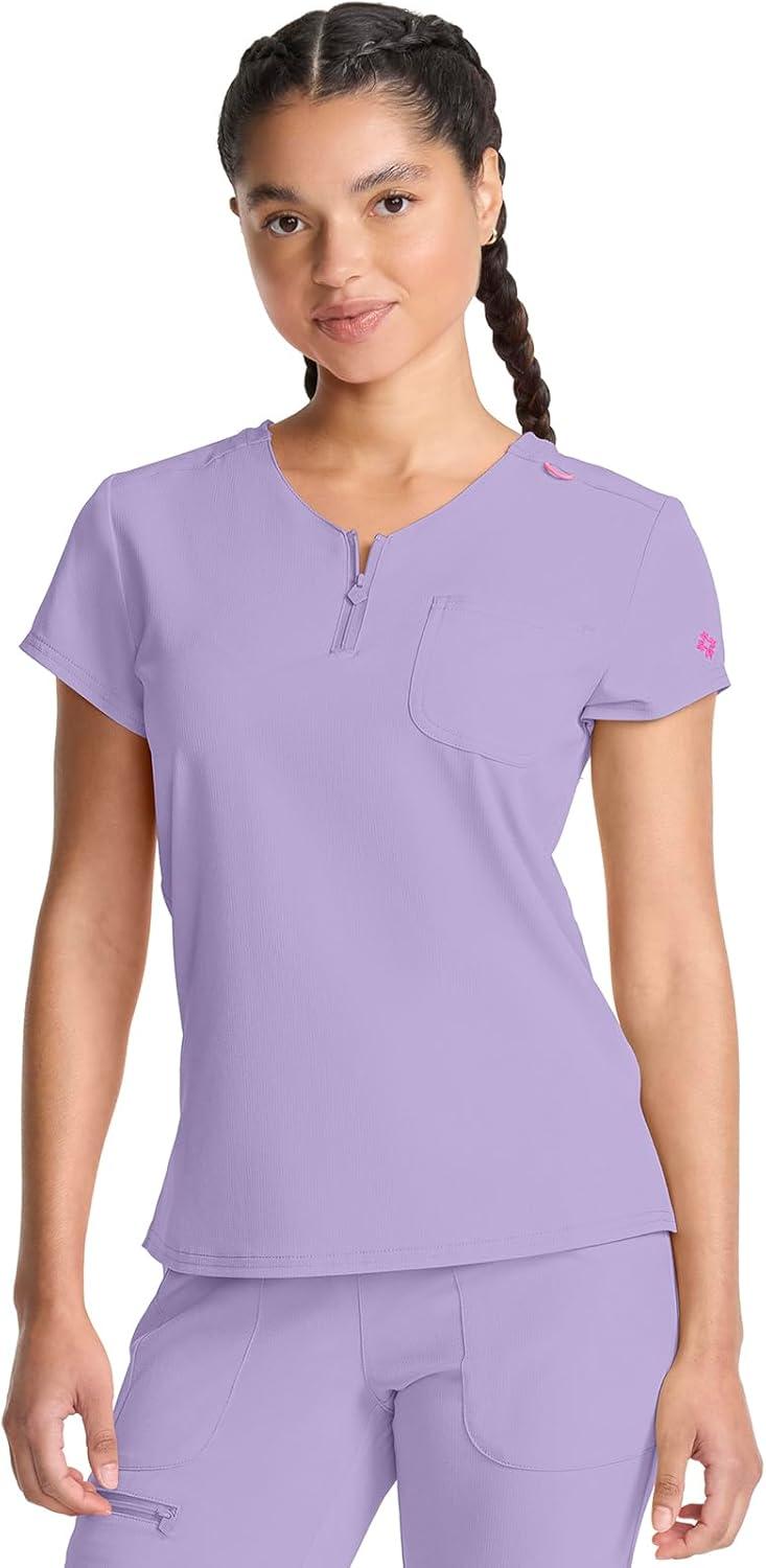 imageMed Couture Scrubs top for Women Medical Quarter Zip VNeck Scrub Top Tuckable with Chest Pocket and Rounded Hem MC705Digital Lavender