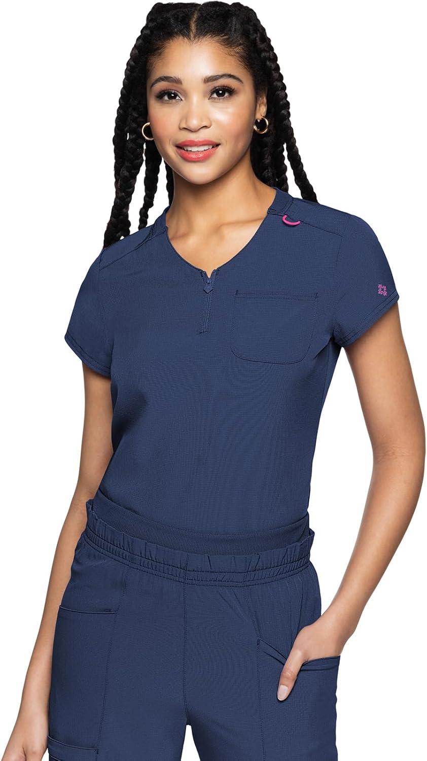 imageMed Couture Scrubs top for Women Medical Quarter Zip VNeck Scrub Top Tuckable with Chest Pocket and Rounded Hem MC705Navy