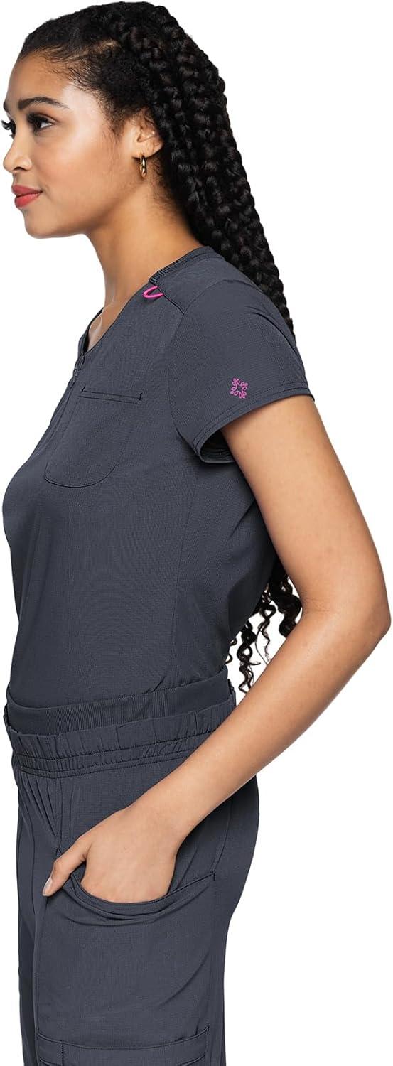 imageMed Couture Scrubs top for Women Medical Quarter Zip VNeck Scrub Top Tuckable with Chest Pocket and Rounded Hem MC705Pewter