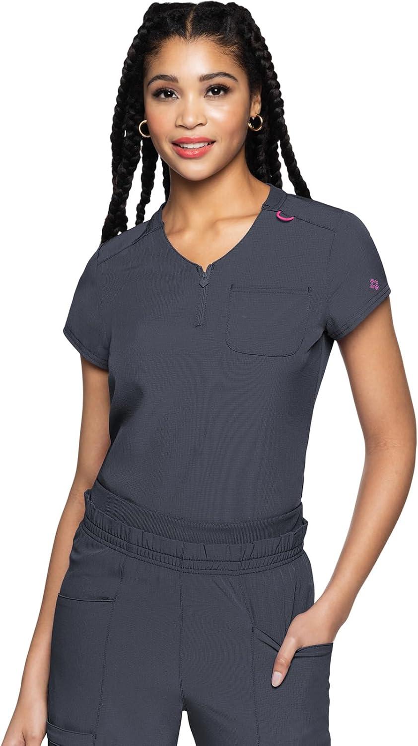 imageMed Couture Scrubs top for Women Medical Quarter Zip VNeck Scrub Top Tuckable with Chest Pocket and Rounded Hem MC705Pewter
