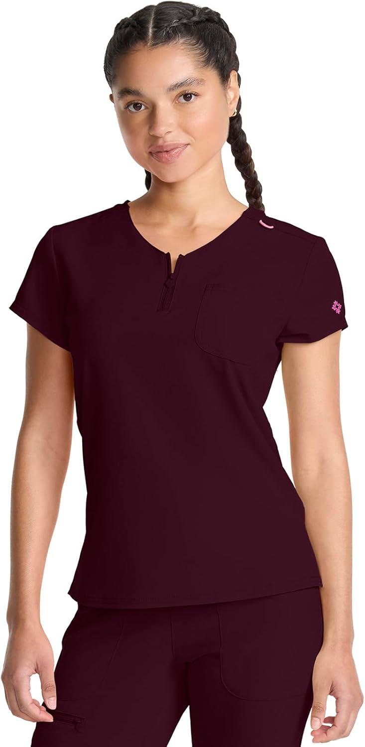 imageMed Couture Scrubs top for Women Medical Quarter Zip VNeck Scrub Top Tuckable with Chest Pocket and Rounded Hem MC705Wine