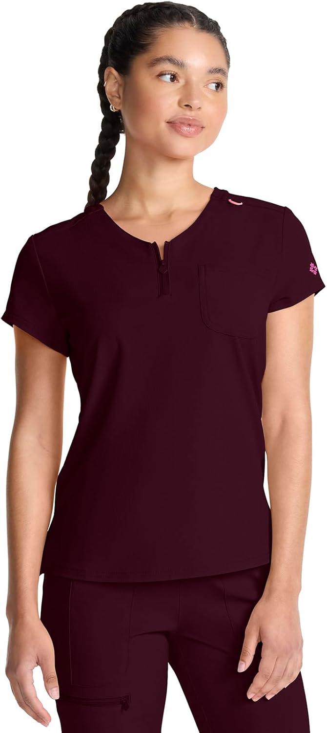 imageMed Couture Scrubs top for Women Medical Quarter Zip VNeck Scrub Top Tuckable with Chest Pocket and Rounded Hem MC705Wine