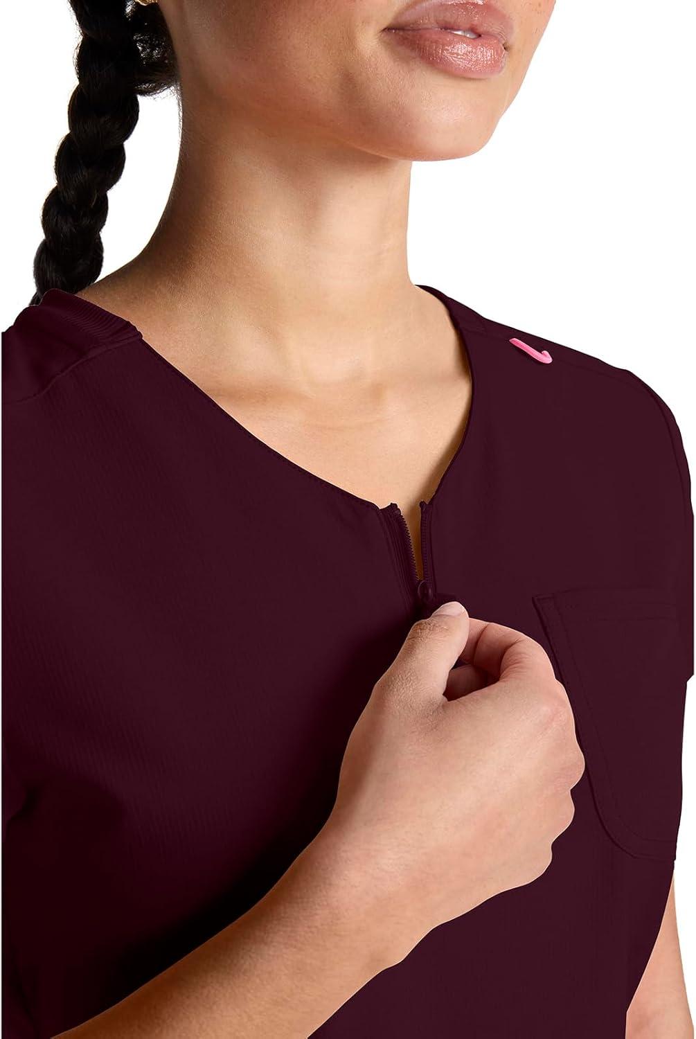 imageMed Couture Scrubs top for Women Medical Quarter Zip VNeck Scrub Top Tuckable with Chest Pocket and Rounded Hem MC705Wine