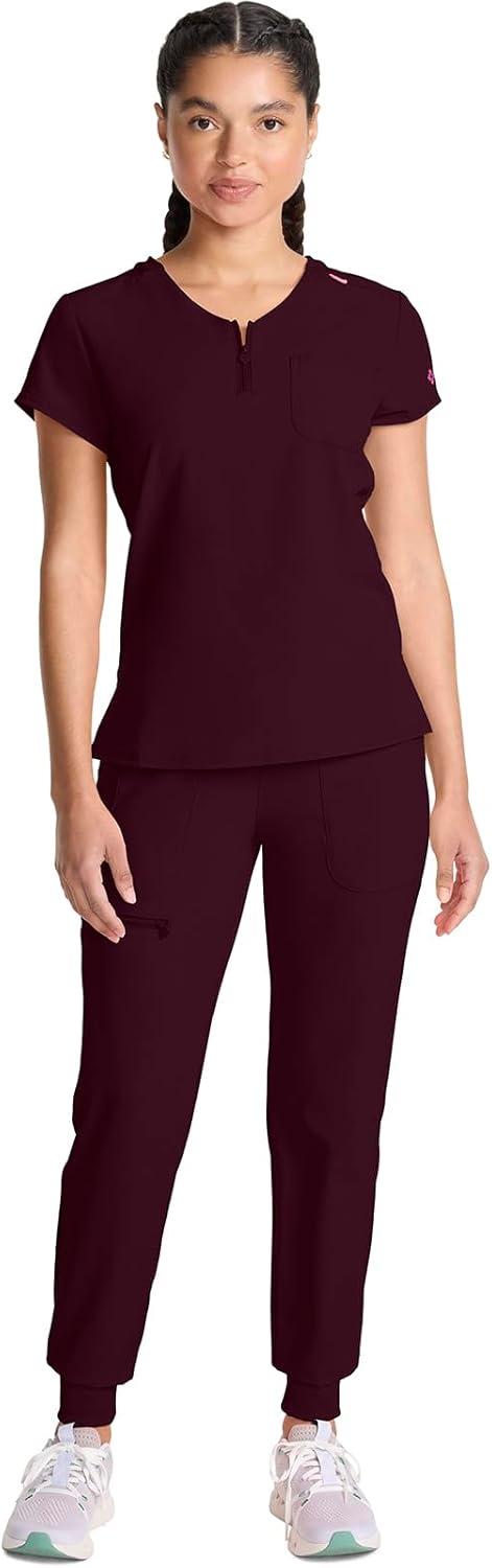 imageMed Couture Scrubs top for Women Medical Quarter Zip VNeck Scrub Top Tuckable with Chest Pocket and Rounded Hem MC705Wine