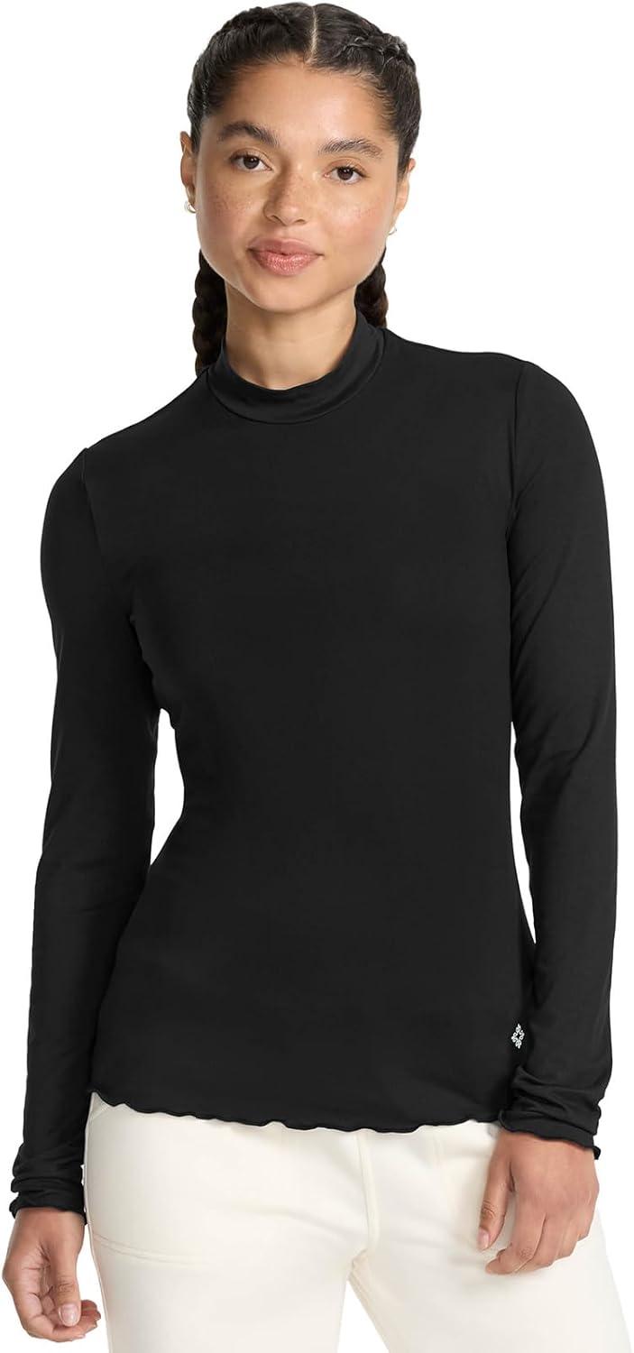 imageMed Couture Underscrub Long Sleeve Women Top Lettuce Edge Mock Neck with Rounded Hem and Sporty Look MC708Black