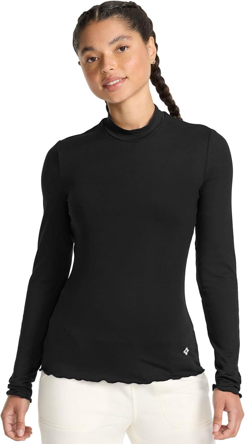 imageMed Couture Underscrub Long Sleeve Women Top Lettuce Edge Mock Neck with Rounded Hem and Sporty Look MC708Black