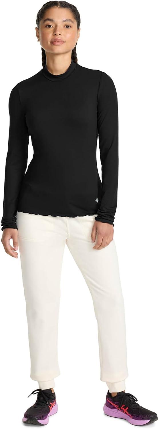 imageMed Couture Underscrub Long Sleeve Women Top Lettuce Edge Mock Neck with Rounded Hem and Sporty Look MC708Black