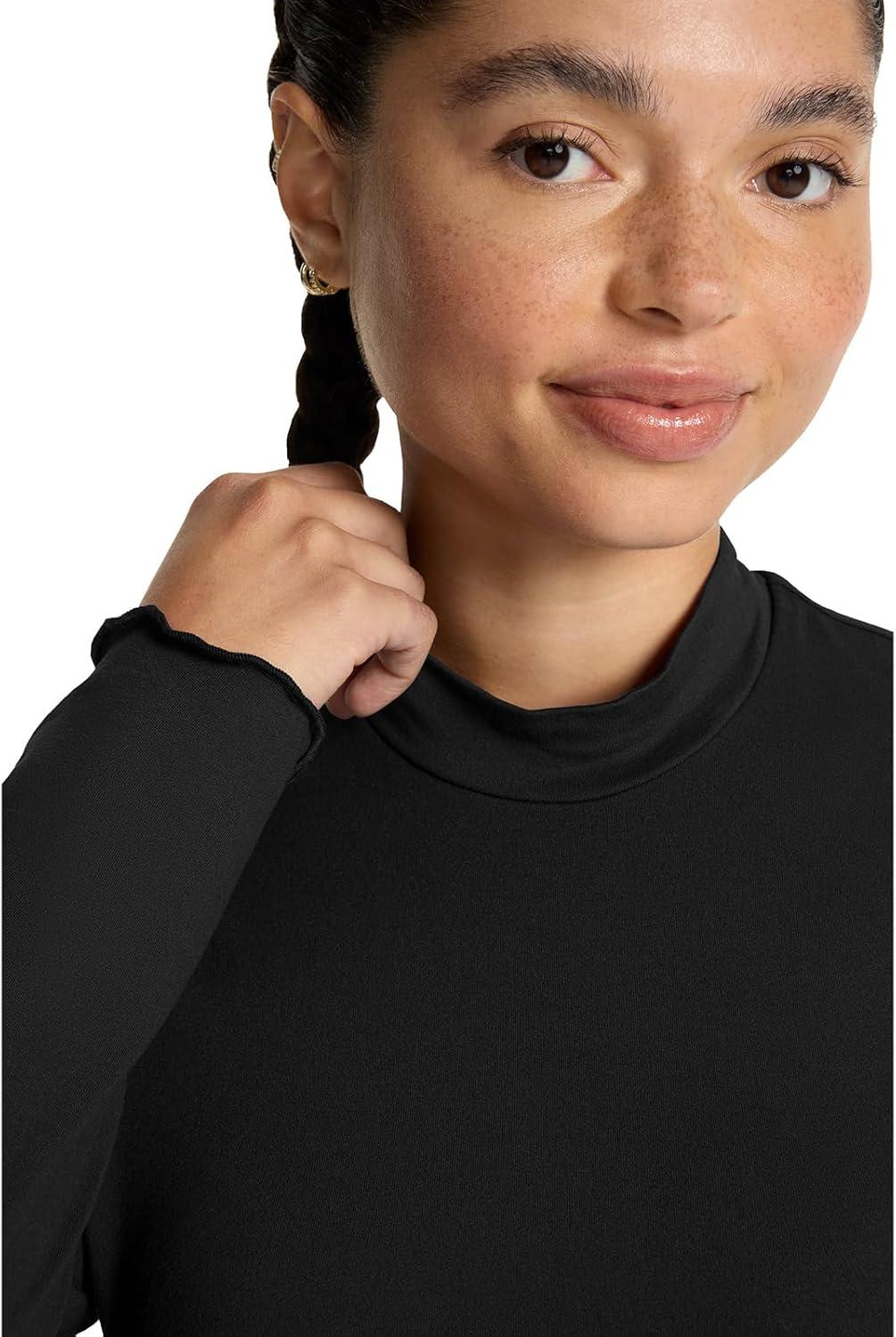 imageMed Couture Underscrub Long Sleeve Women Top Lettuce Edge Mock Neck with Rounded Hem and Sporty Look MC708Black