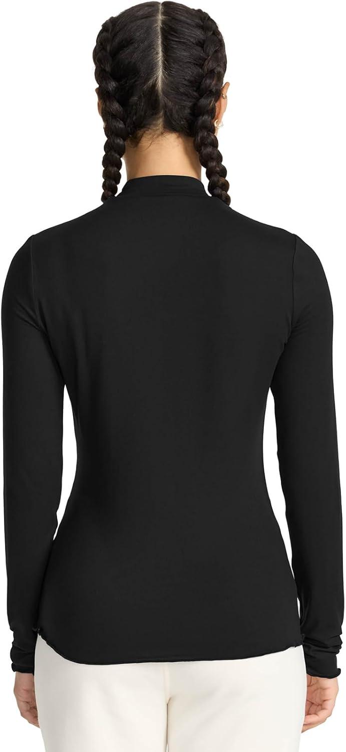 imageMed Couture Underscrub Long Sleeve Women Top Lettuce Edge Mock Neck with Rounded Hem and Sporty Look MC708Black