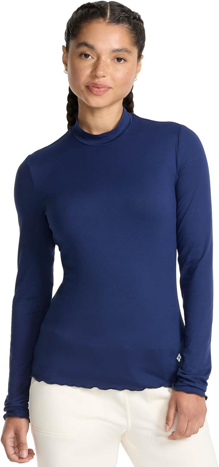 imageMed Couture Underscrub Long Sleeve Women Top Lettuce Edge Mock Neck with Rounded Hem and Sporty Look MC708Navy