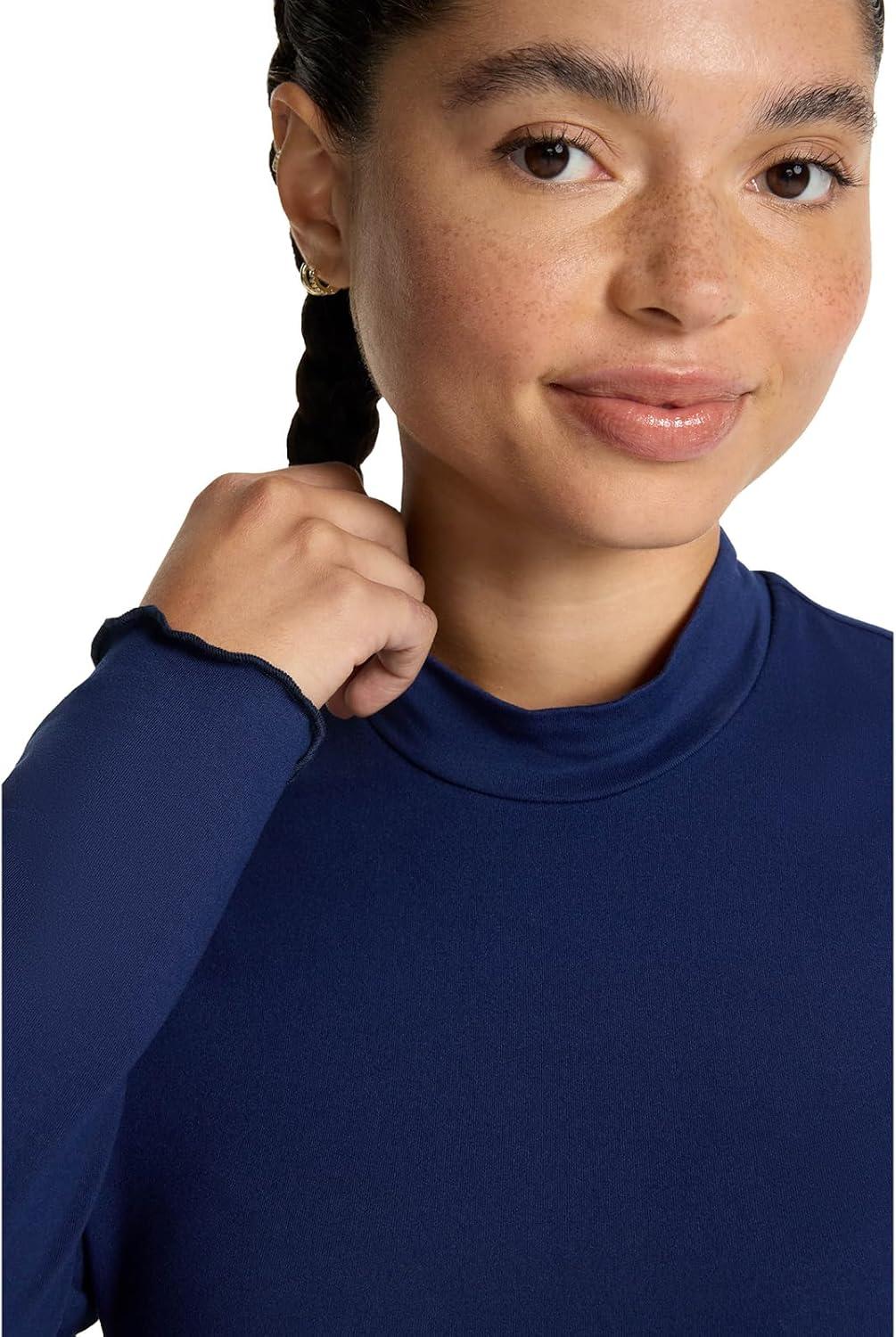 imageMed Couture Underscrub Long Sleeve Women Top Lettuce Edge Mock Neck with Rounded Hem and Sporty Look MC708Navy