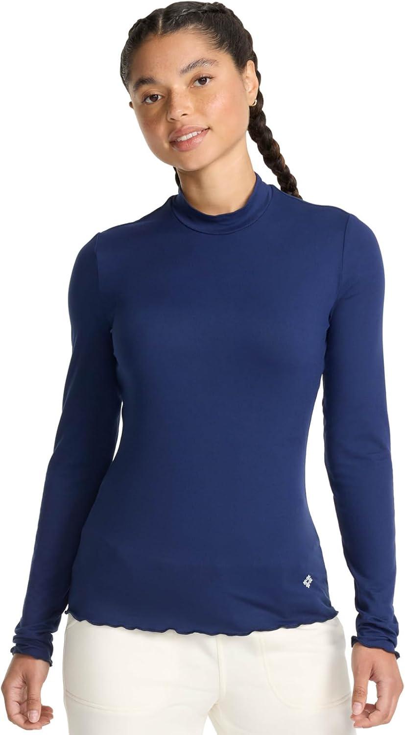 imageMed Couture Underscrub Long Sleeve Women Top Lettuce Edge Mock Neck with Rounded Hem and Sporty Look MC708Navy