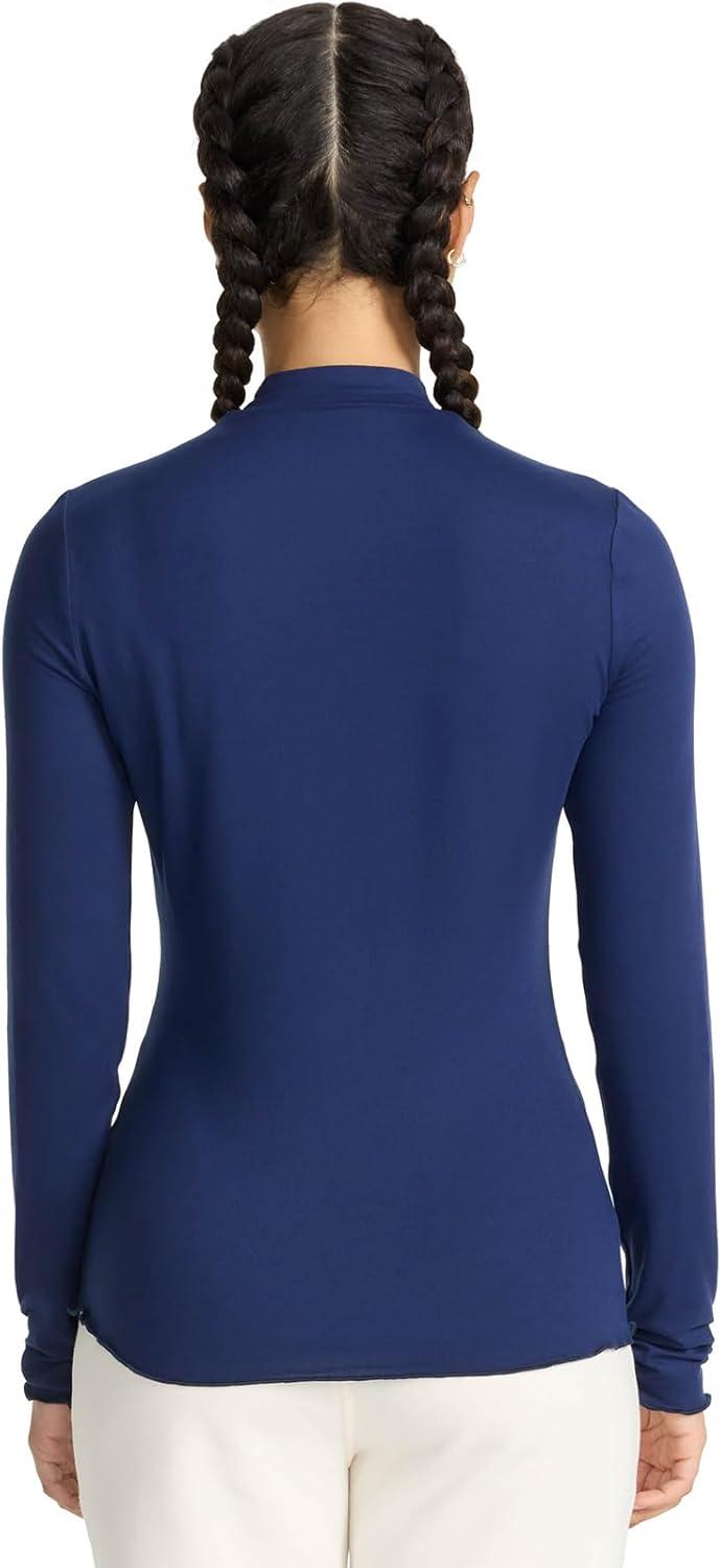 imageMed Couture Underscrub Long Sleeve Women Top Lettuce Edge Mock Neck with Rounded Hem and Sporty Look MC708Navy