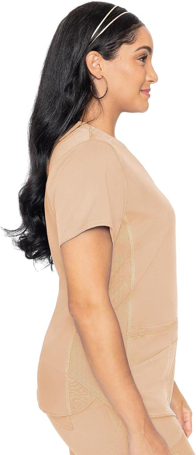 imageMed Couture VNeck Scrub Top for Women with 4 Pockets RibKnit Side Panel and Shirttail Hem MC7459Apricot Sorbet