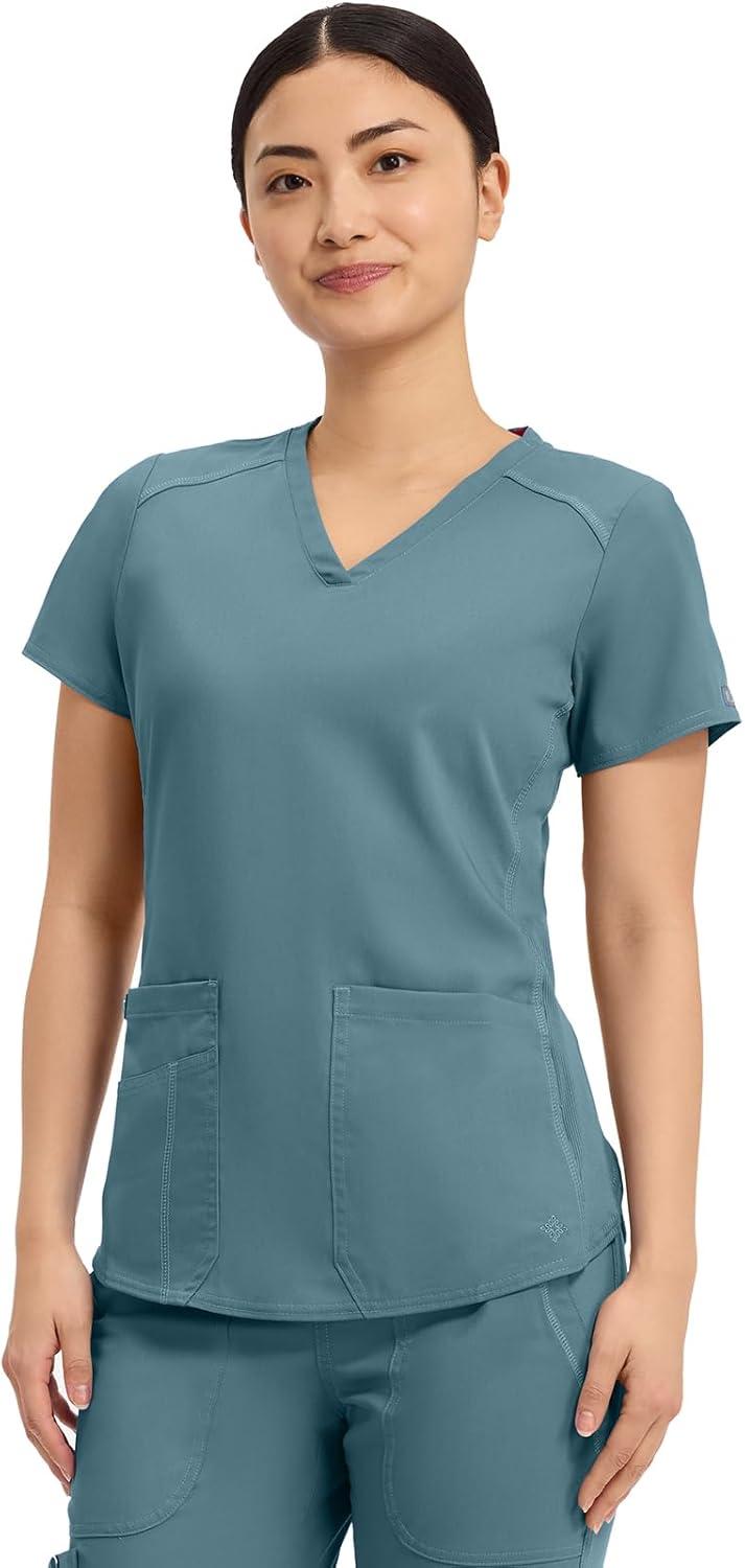 imageMed Couture VNeck Scrub Top for Women with 4 Pockets RibKnit Side Panel and Shirttail Hem MC7459Blue Jean Baby